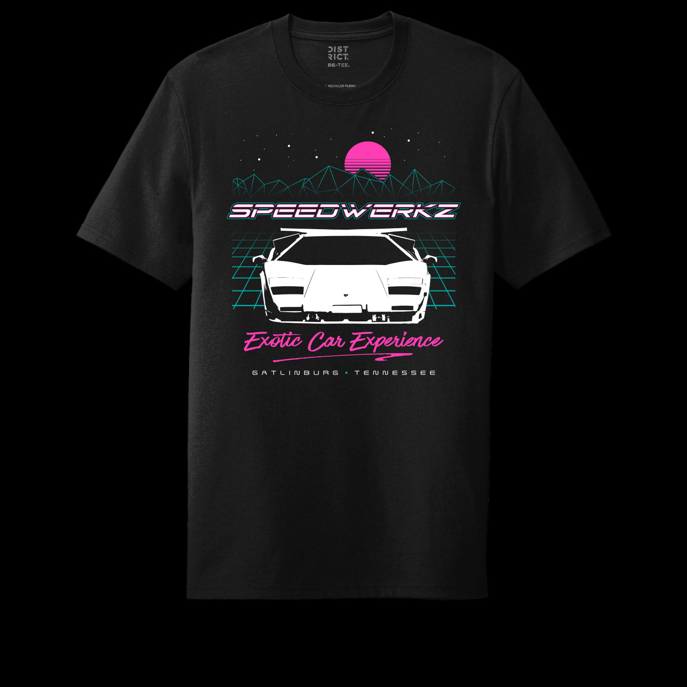 80s throwback Speedwerkz T-Shirt with pink writing and a white car 