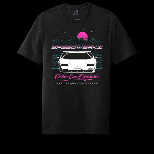 80s throwback Speedwerkz T-Shirt with pink writing and a white car 