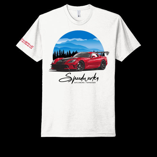 Speedwerkz T-Shirt with a red car and the backdrop of the Smoky Mountains