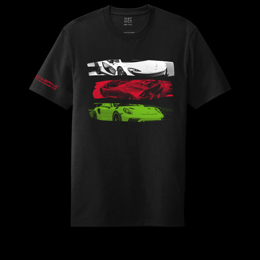 Speedwerkz T-shirt with three cars stacked on top of each other in white, red, and green