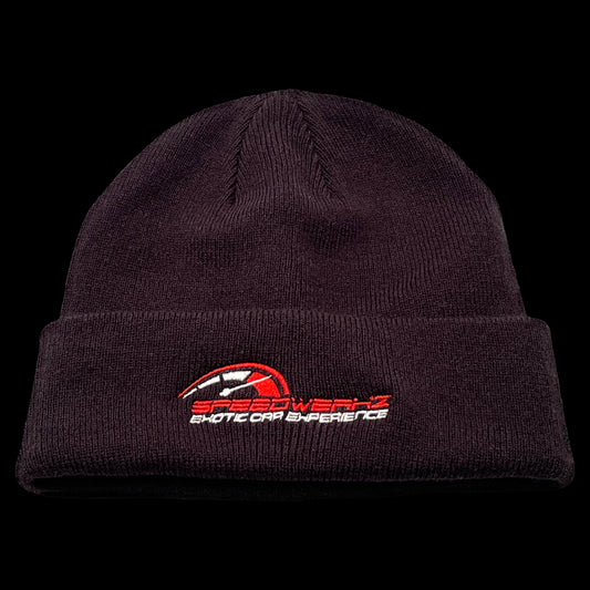 black Speedwerkz beanie with a red and white logo