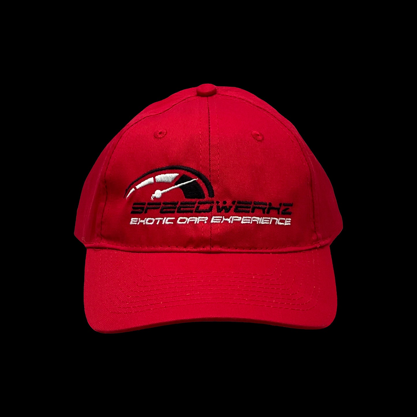 red Speedwerkz hat with a black and white logo