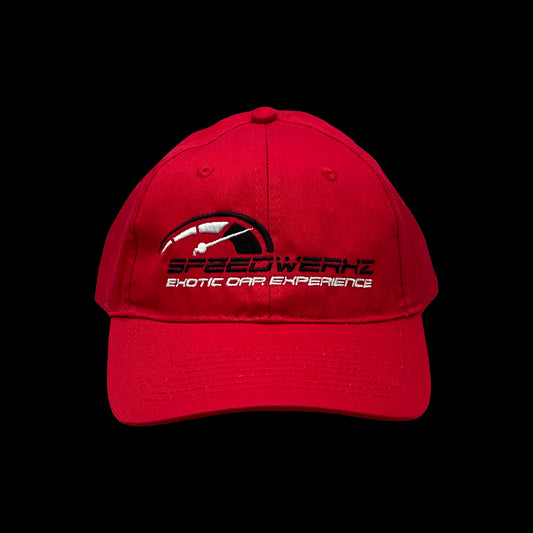 red Speedwerkz hat with a black and white logo