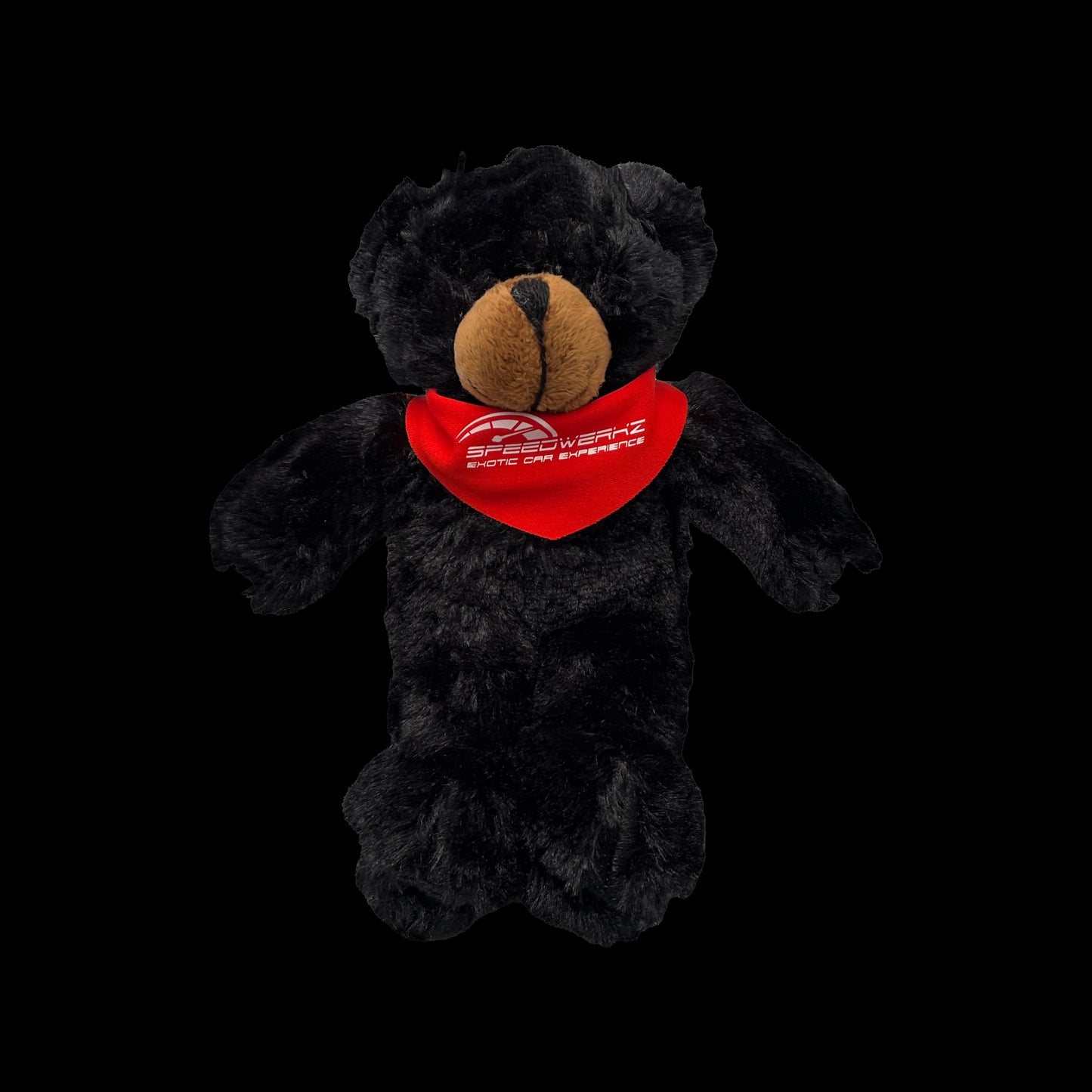 black bear stuffed animal with a red Speedwerkz bandana