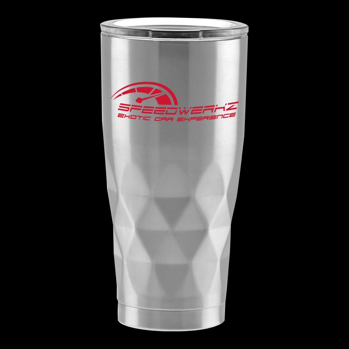 silver Speedwerkz tumbler with a red logo
