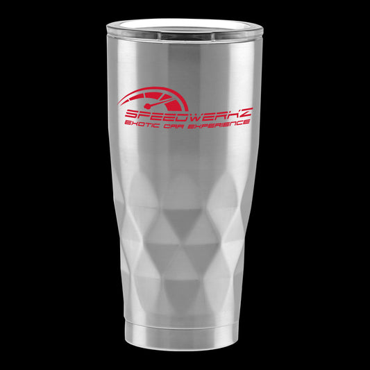 silver Speedwerkz tumbler with a red logo