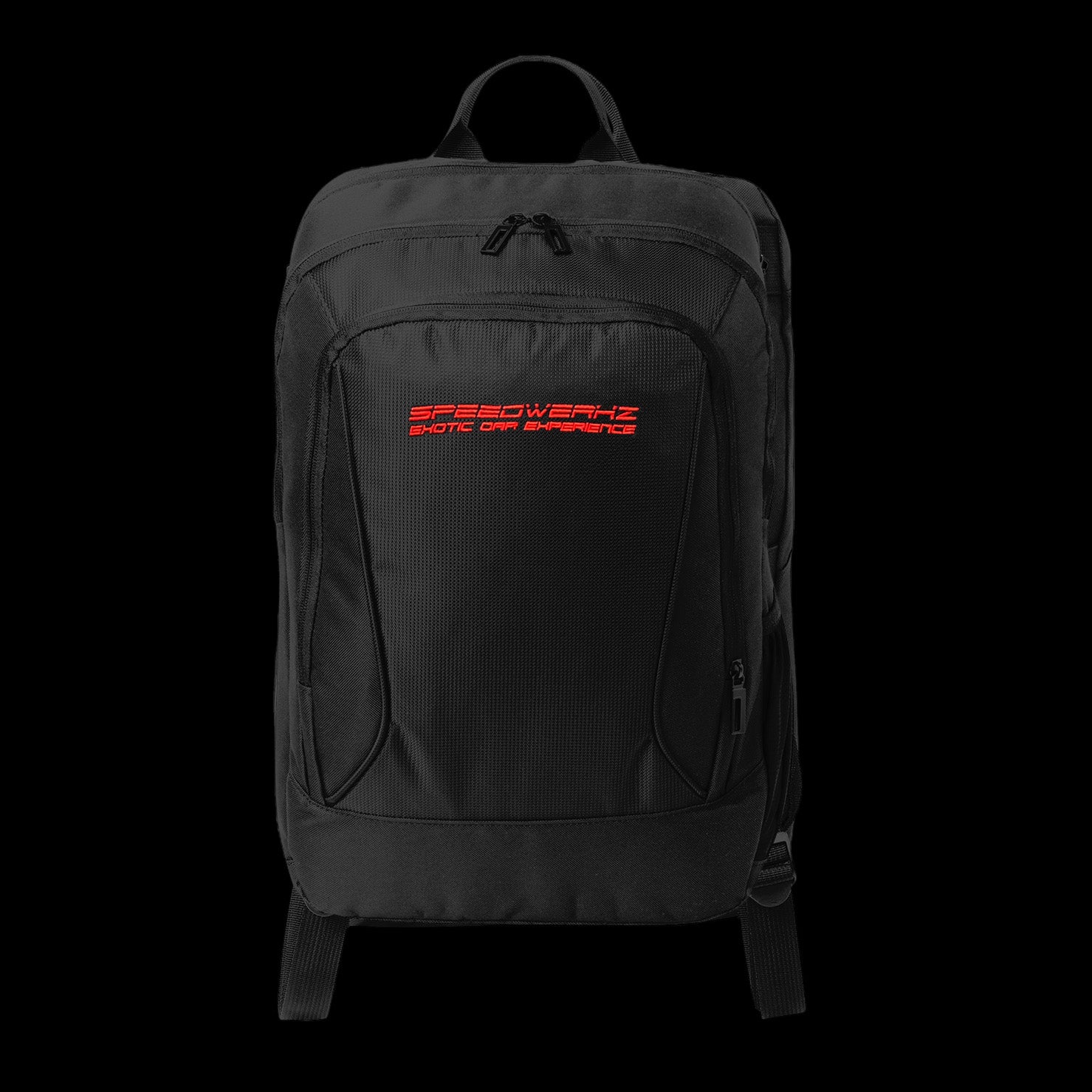 black Speedwerkz backpack with a red logo