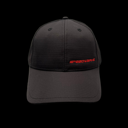 Speedwerkz black trucker hat with red offset logo