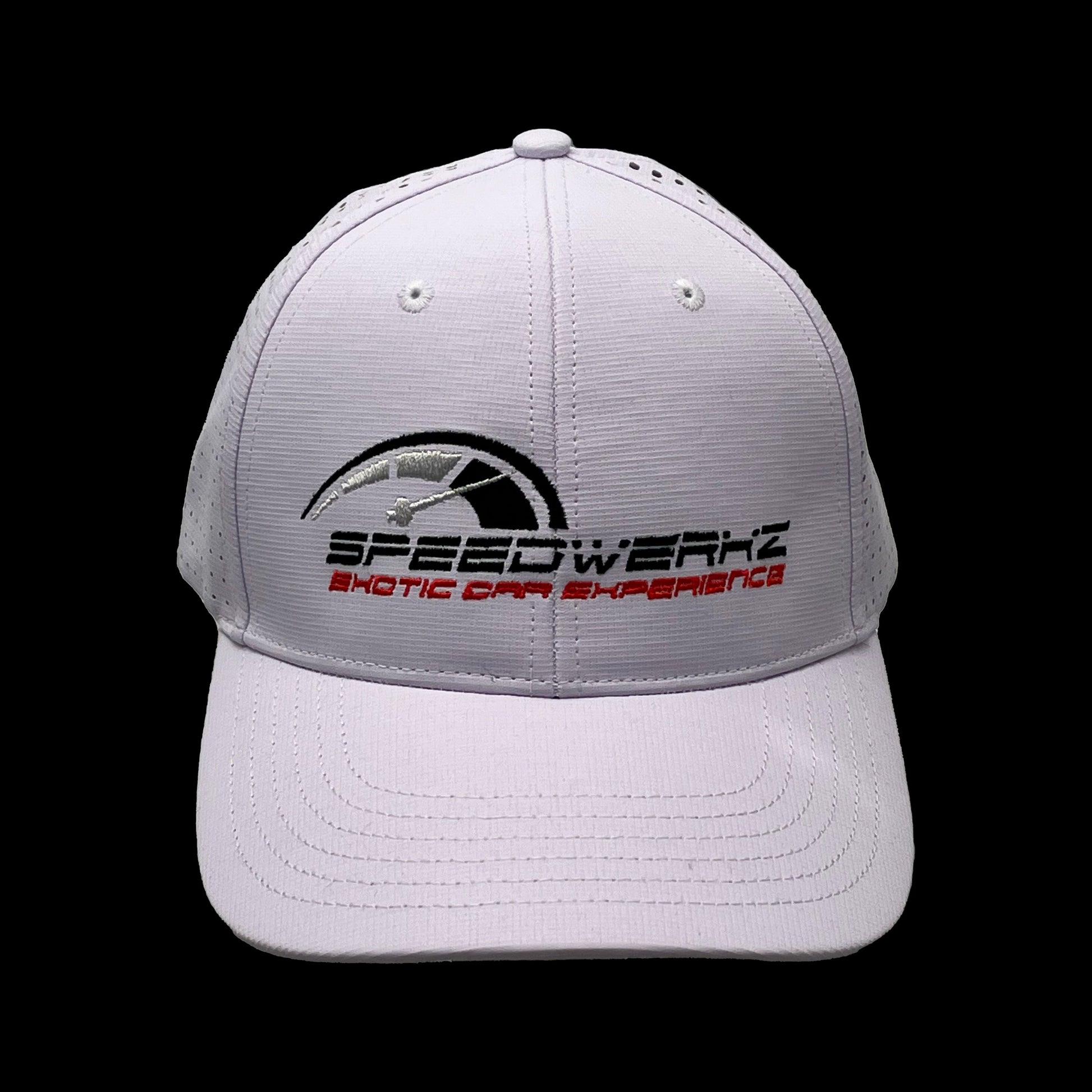 white Speedwerkz hat with a black and red logo